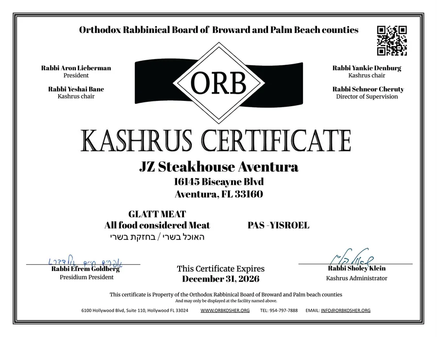 ORB kashrus certificate for JZ Steakhouse Aventura: Glatt Meat, all food considered meat, Pas Yisroel, expires December 31, 2026